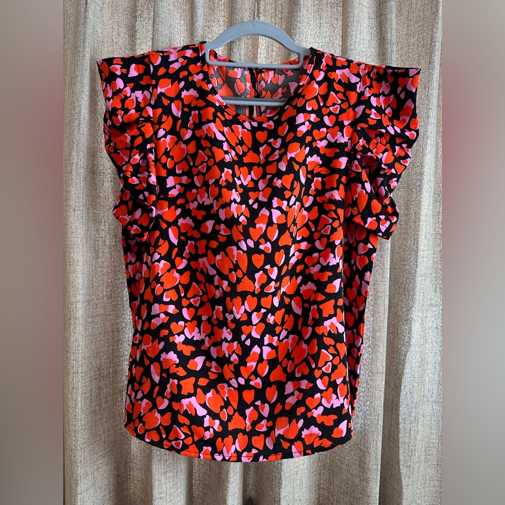SHEIN Red and Pink Heart Print Ruffle Blouse